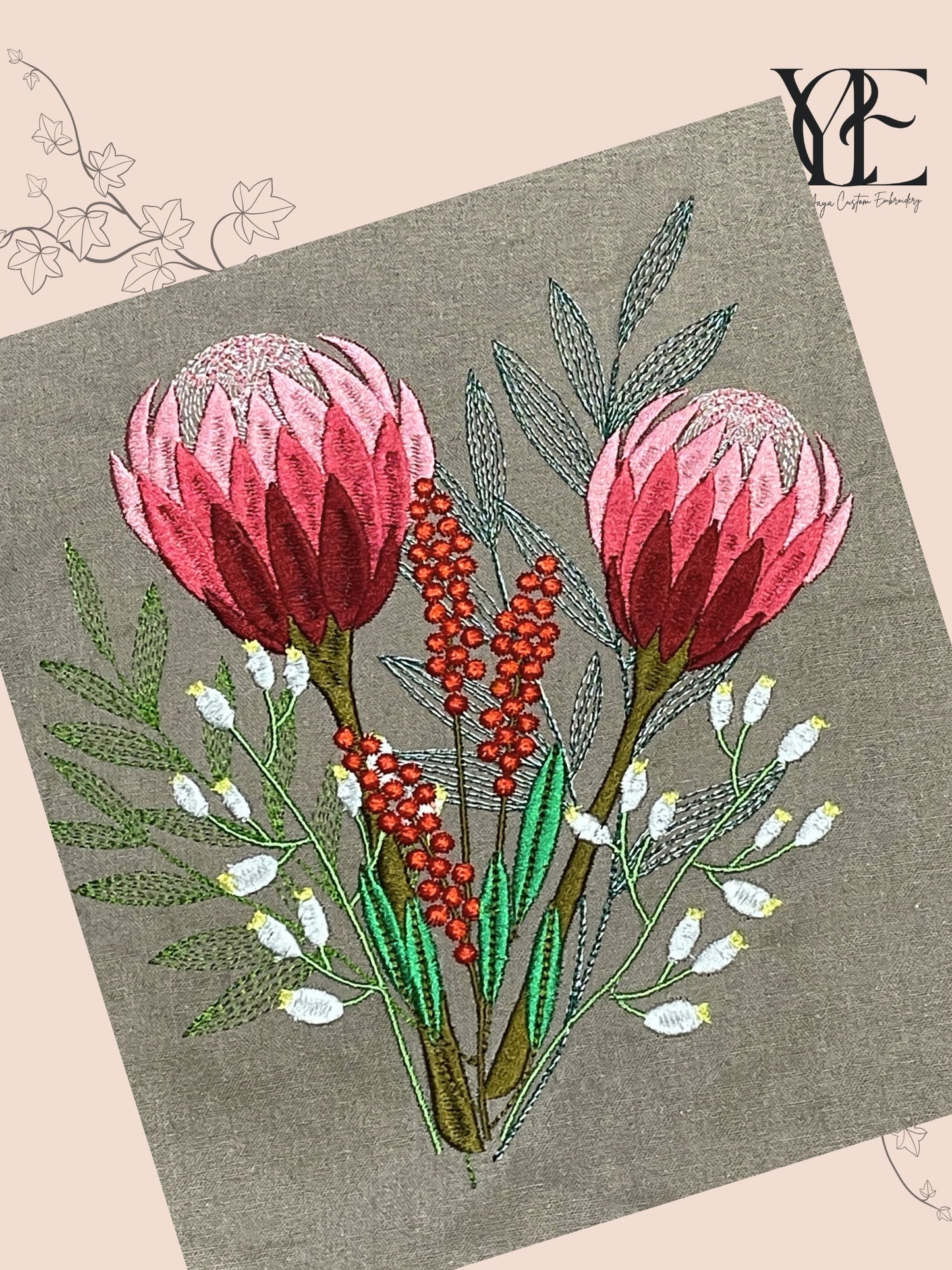 Embroidered Tote Bag with Protea, Berries and Willow Leaves | Oversized Cotton Tote