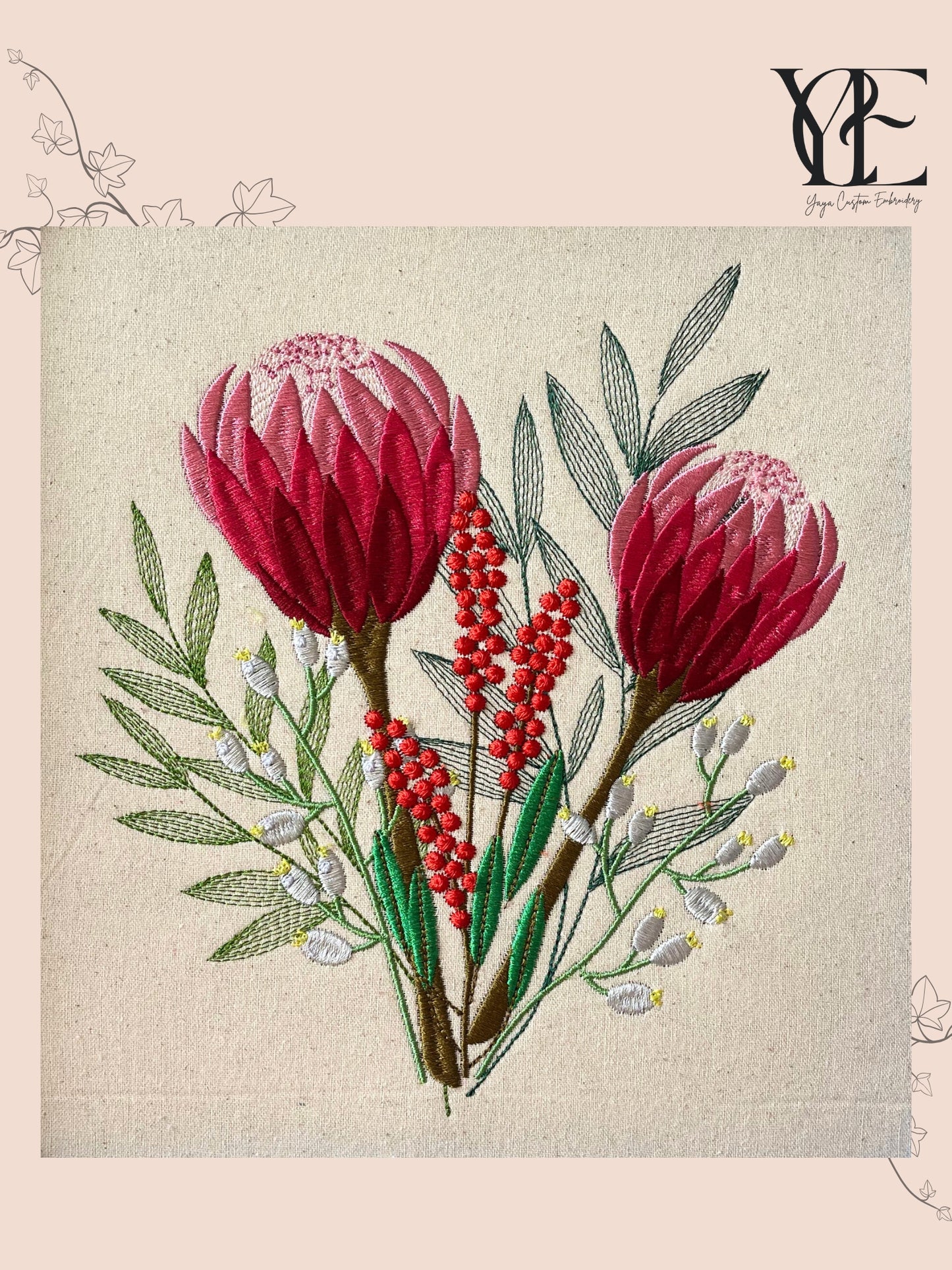 Embroidered Tote Bag with Protea, Berries and Willow Leaves | Oversized Cotton Tote