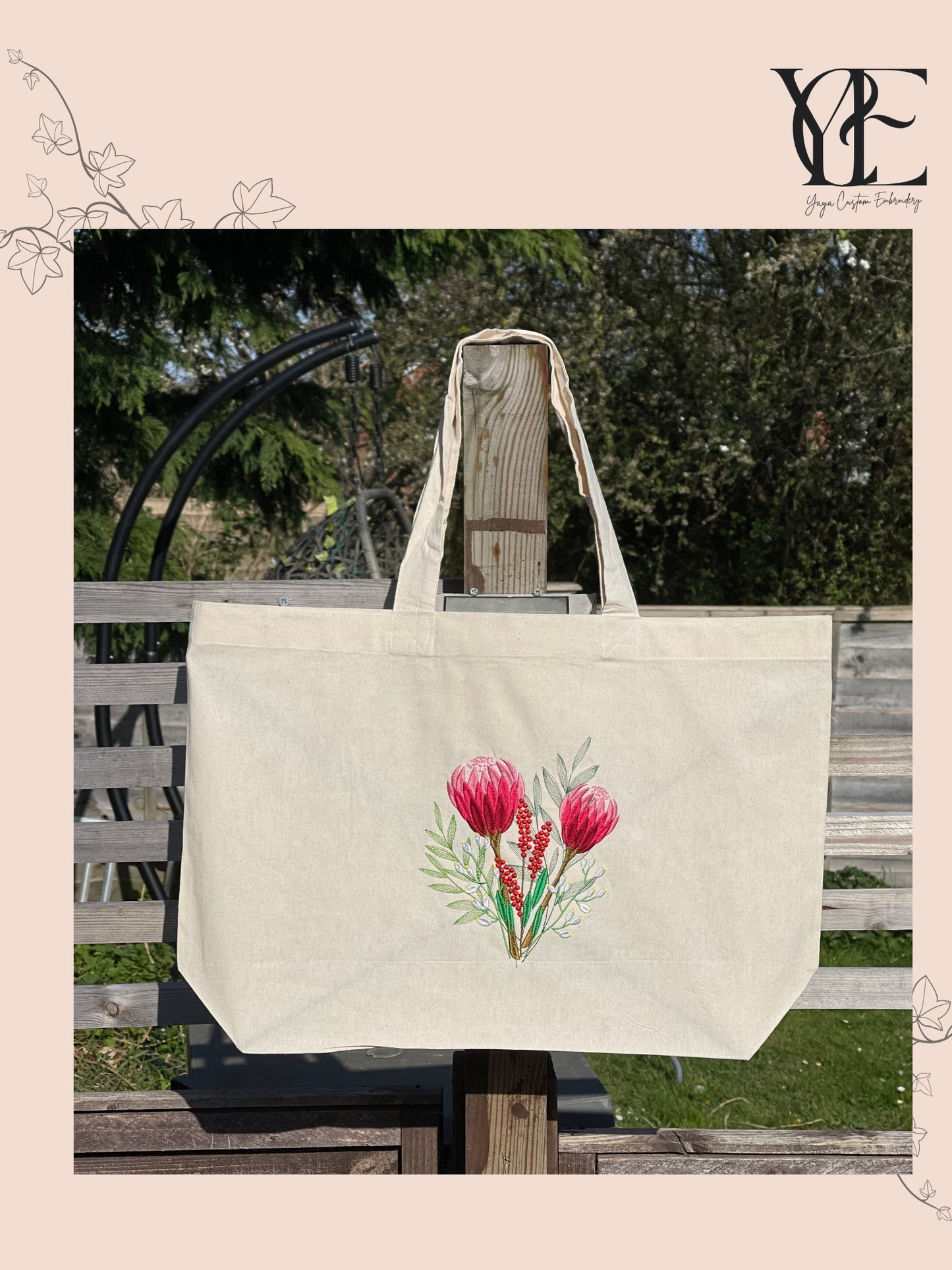 Embroidered Tote Bag with Protea, Berries and Willow Leaves | Oversized Cotton Tote