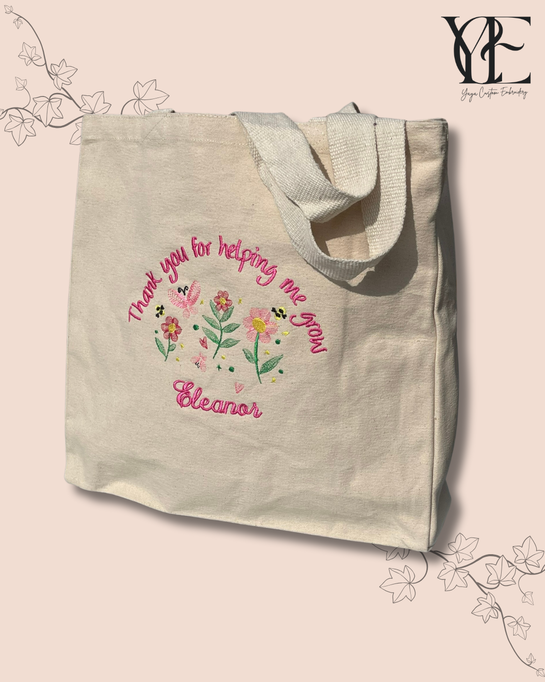 Personalised Teacher Tote Bag – “Thank You for Helping Me Grow”
