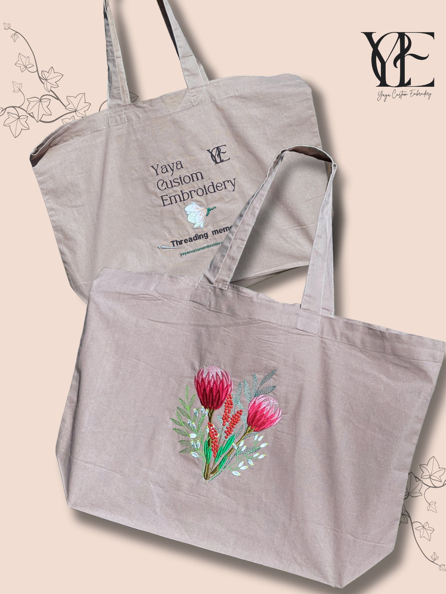 Embroidered Tote Bag with Protea, Berries and Willow Leaves | Oversized Cotton Tote