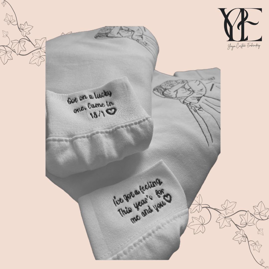 Detailed of the embroidered handwriting on the cuffs