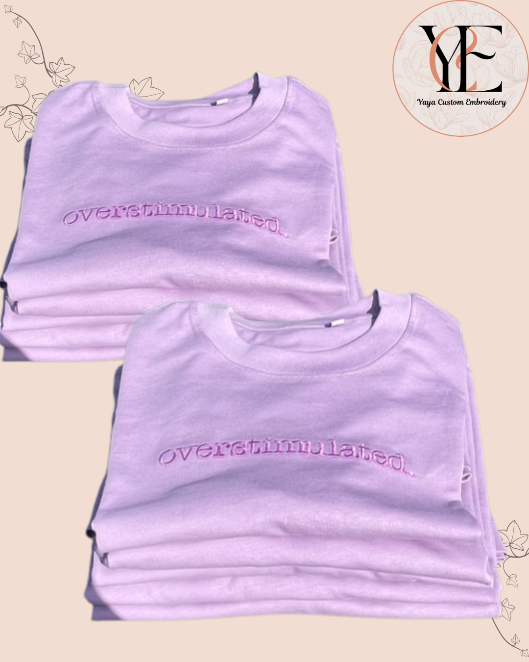Two light purple tops with 'overstimulated' text on a beige background