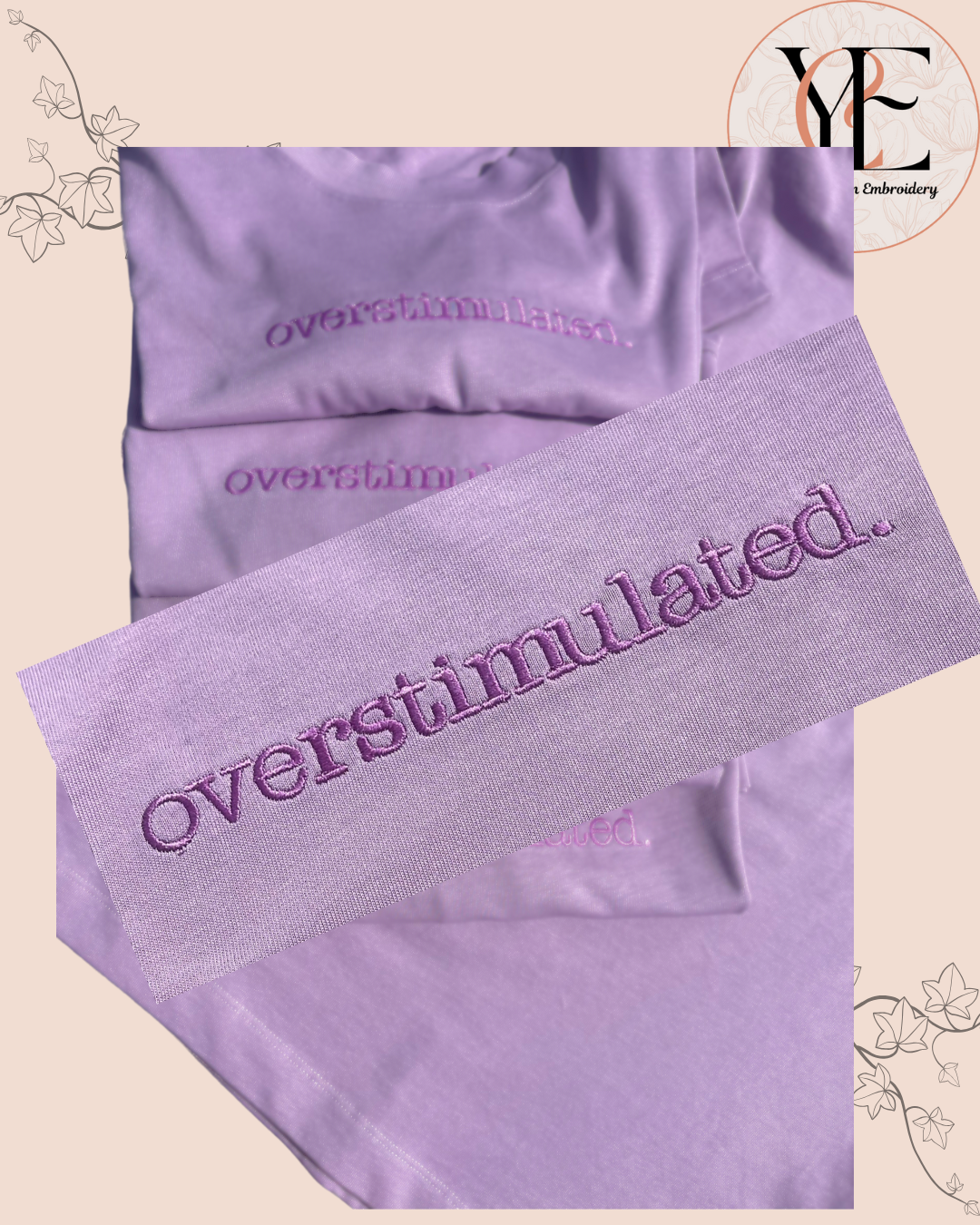 Purple T-shirts with purple overstimulated embroidery