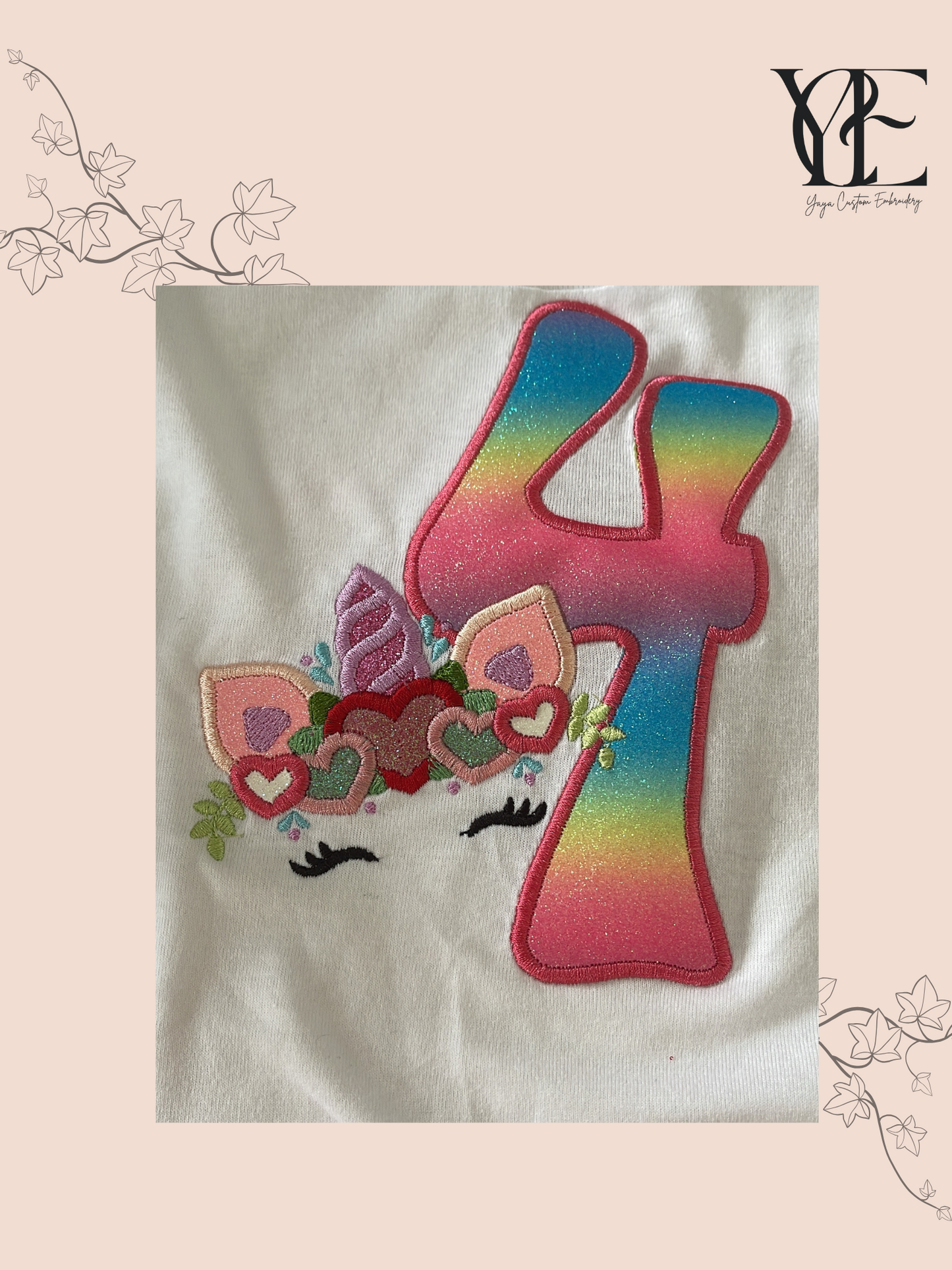 Personalised Unicorn Birthday T‑Shirt – Glitter Appliqué Number & Unicorn, Organic Cotton (Ages 1–12)