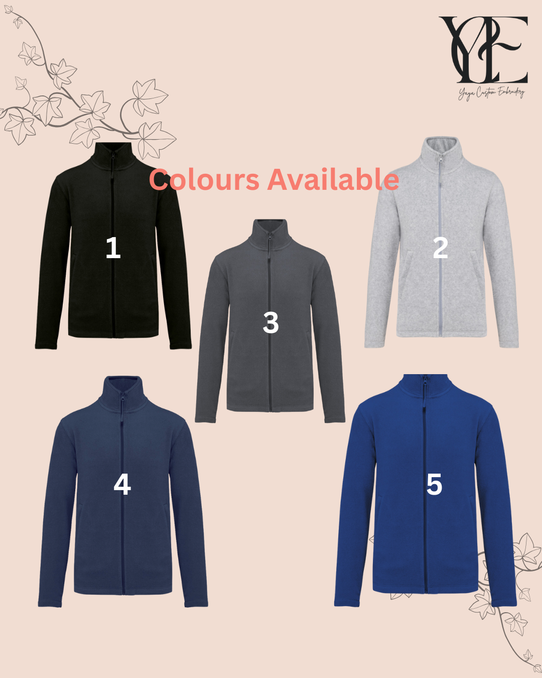 5 Available fleece colours: black, Ash Heather, Dark Grey, Navy blue and Royal Blue