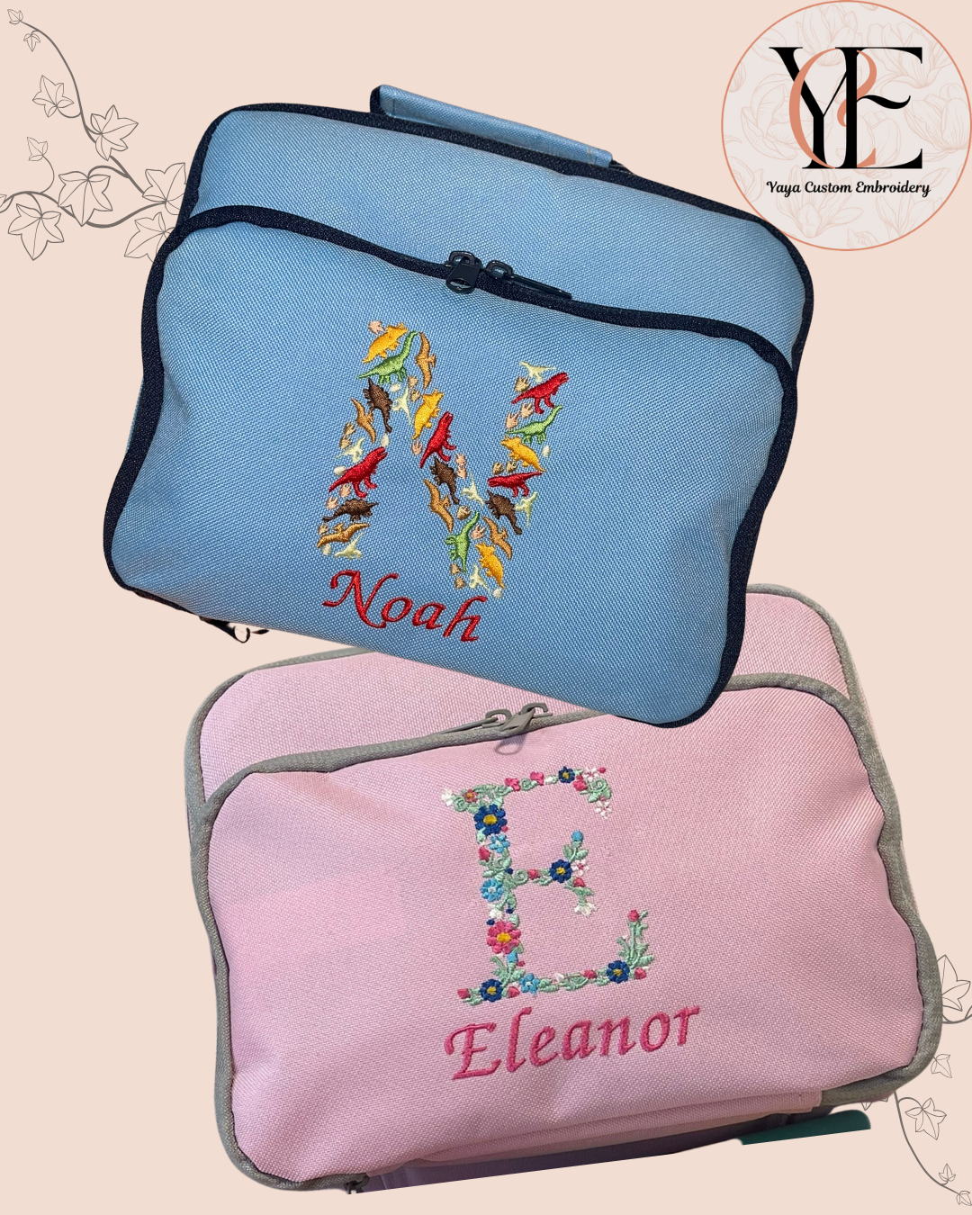 2 Cool bags personalised with initial and the name. The Initials are made of dinosaurs (Sky Blue bag) and Flowers (Classic pink lunch bag)