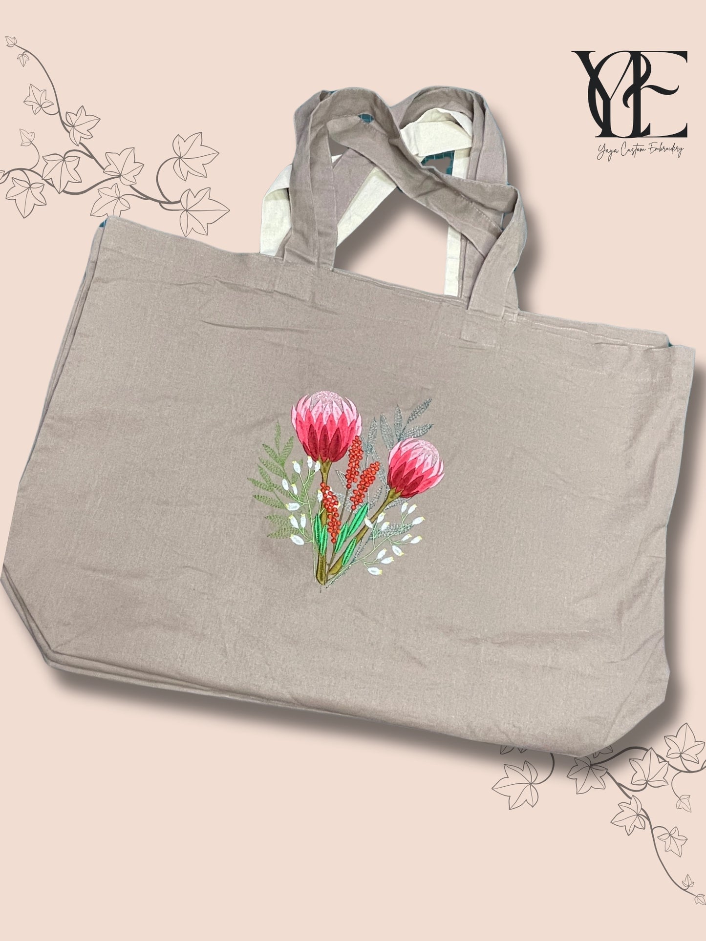 Embroidered Tote Bag with Protea, Berries and Willow Leaves | Oversized Cotton Tote