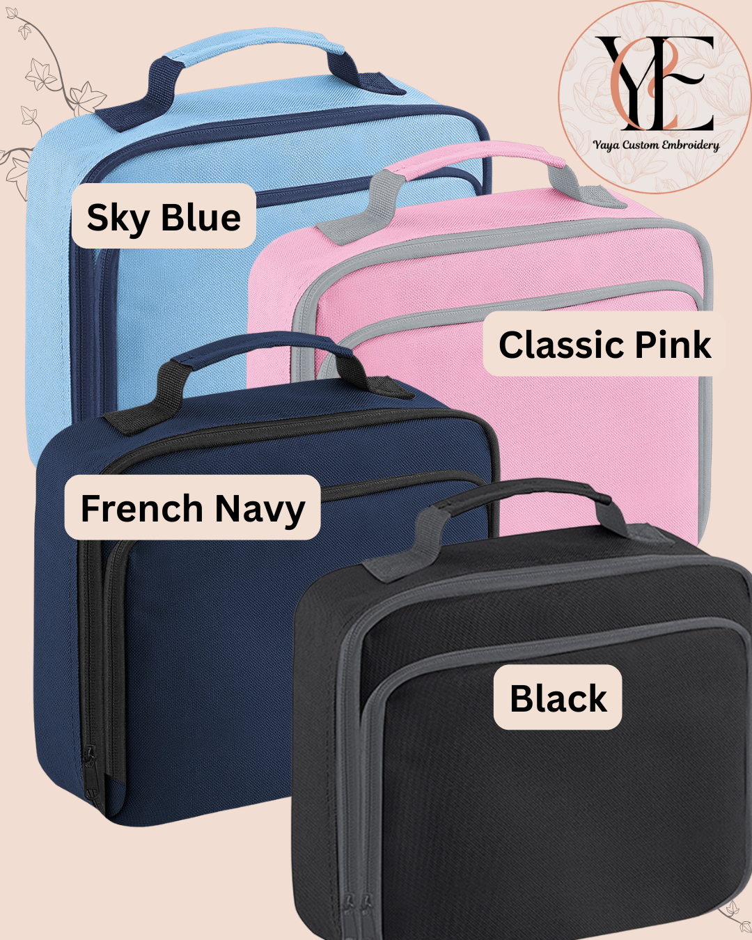 Four rectangular lunch bags in different colours with labels indicating 'Sky Blue', 'Classic Pink', 'French Navy', and 'Black'.