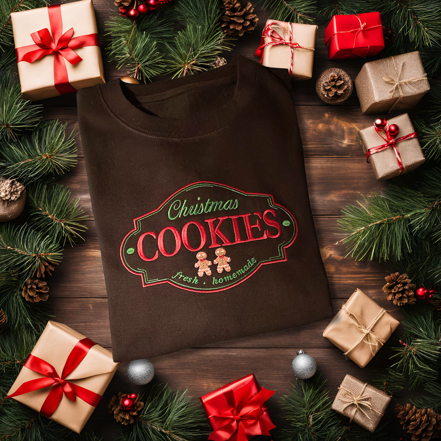 Black sweatshirt with an embroidery of a Christmas Cookie label. The sweatshirt is folded up and surrounded by Christmas tree branches and presents with a festive ambience