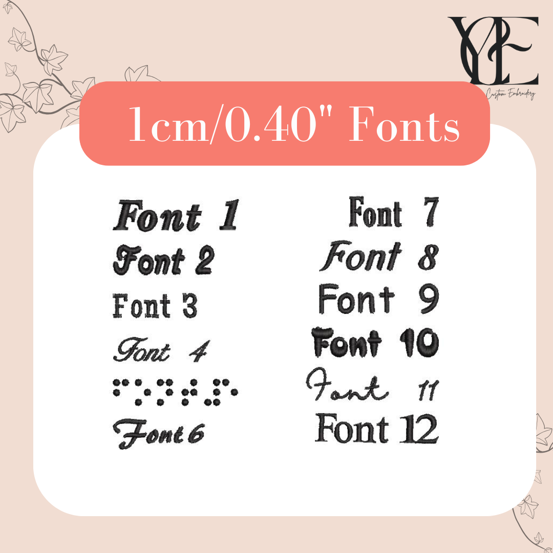 Collection of 12 fonts available (including Braille) for personalisation of Babygrows and hats. By Yaya Custom Embroidery.