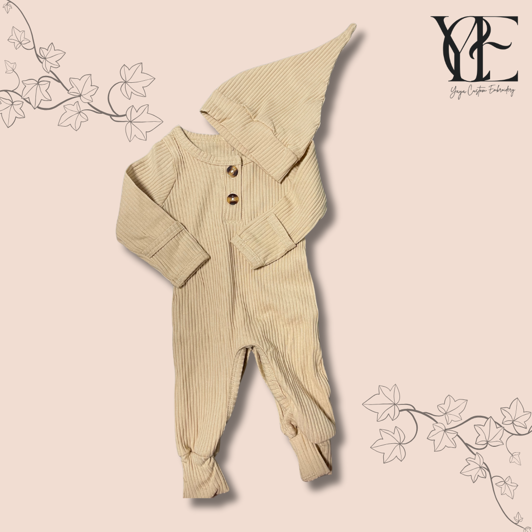 Ready to personalised babygrow and hat set in cream. By Yaya Custom Embroidery