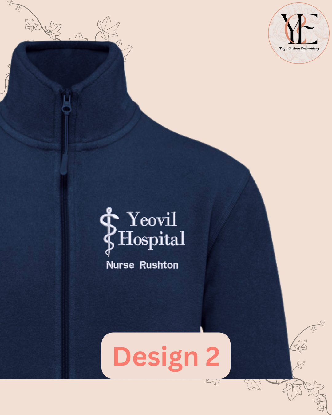 Navy blue personalised fleece jacket embroidered with the name of the Hospital, a Rod of Asclepius, the title and name of the person.