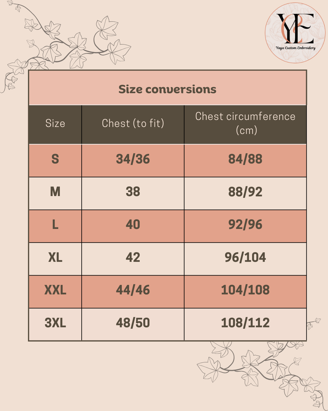 Size conversion chart for chest measurements on a decorative background