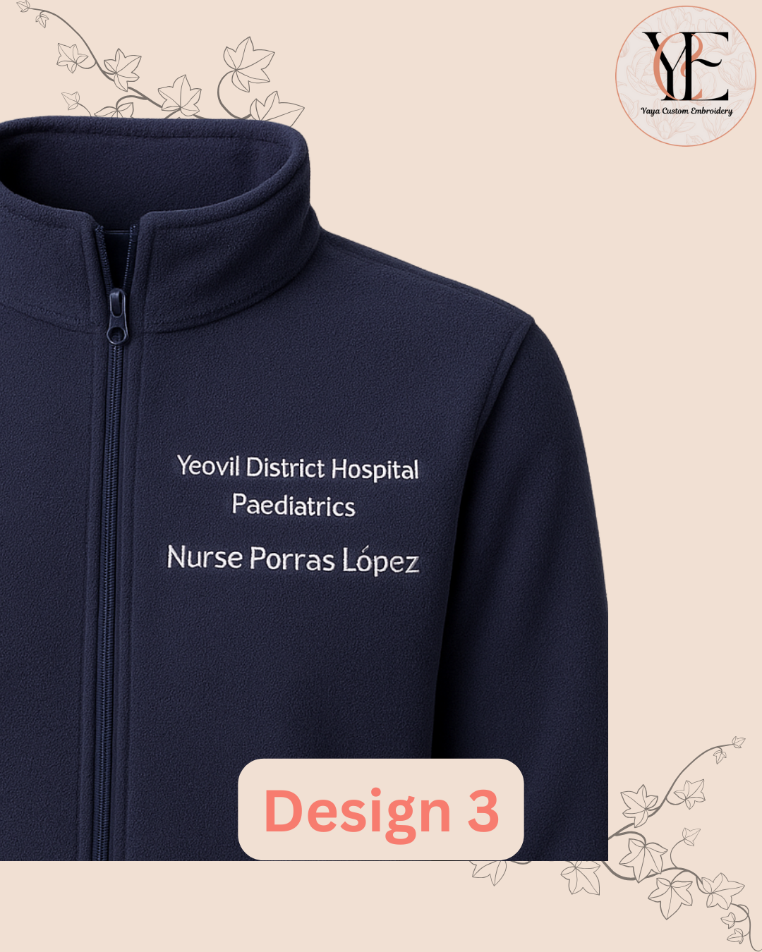 Navy blue jacket with white embroidery with the name of the Hospital, the area and the title and name of the person.