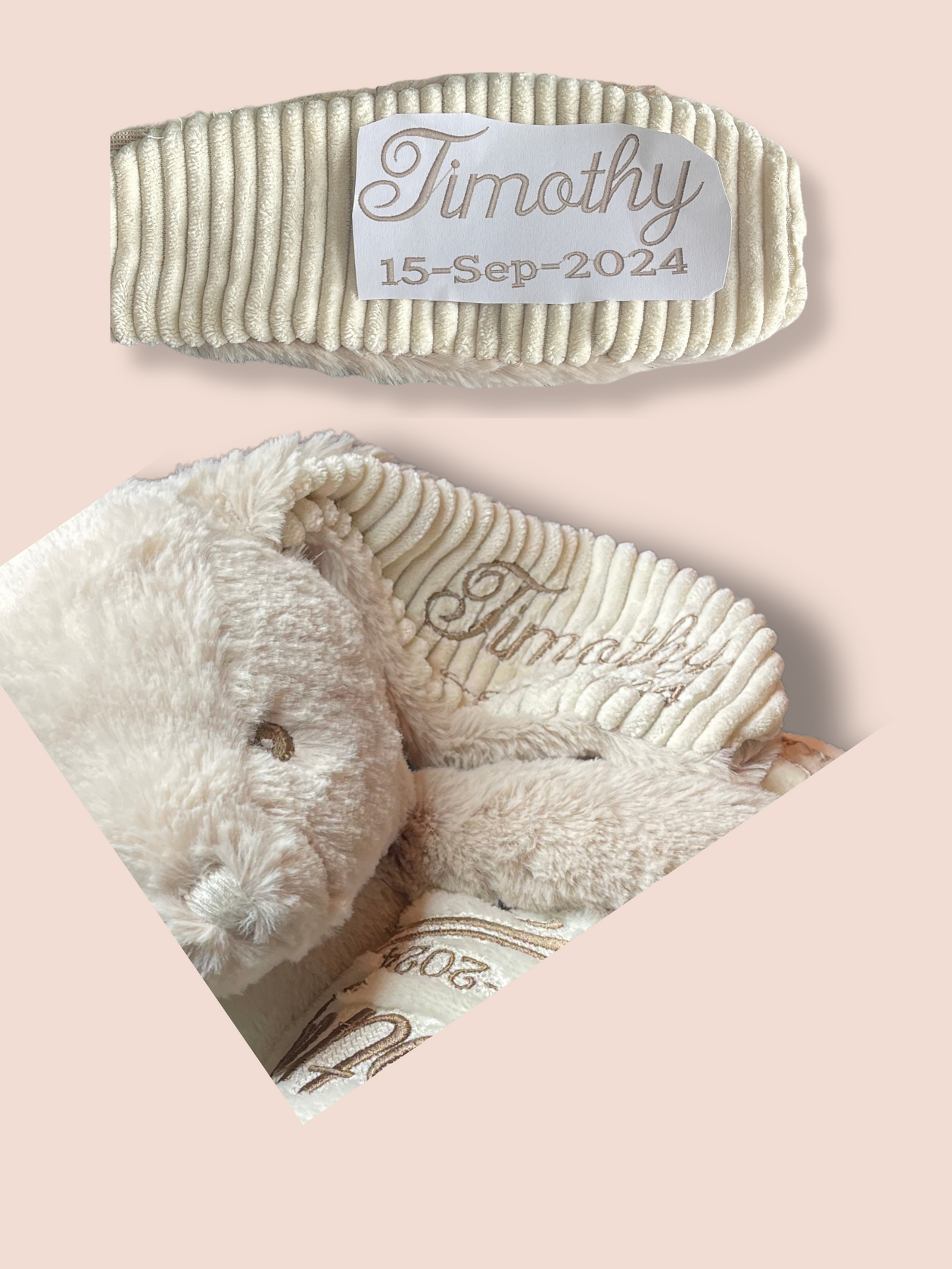 Close up of the embroidered personalisation of the bunny's ear