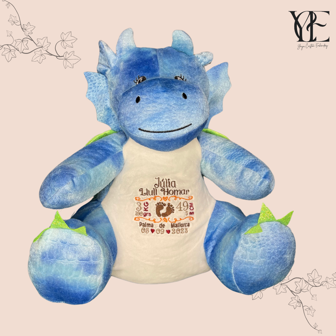 Keepsake blue dragon with embroidered birthday details