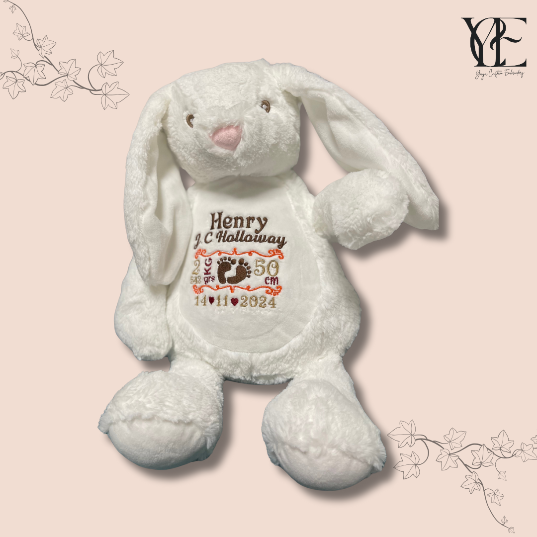 Keepsake white bunny with embroidered birthday details