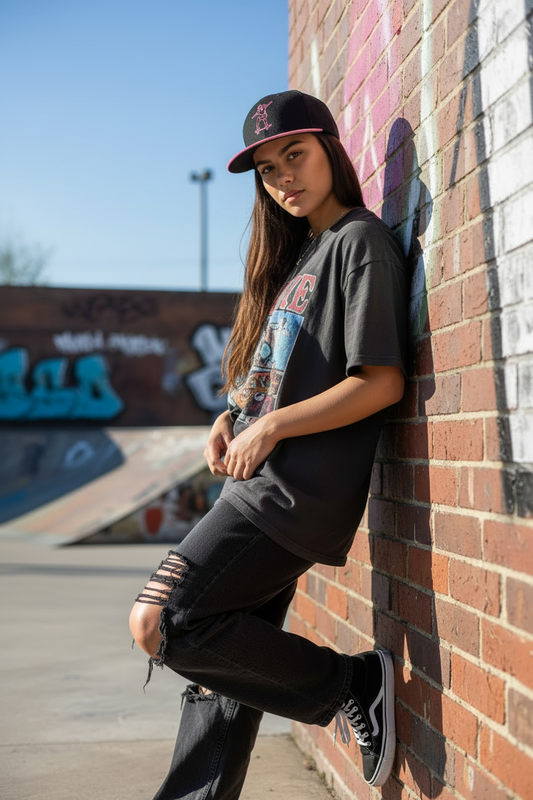 Skater Girl Embroidered Flat Peak Cap
