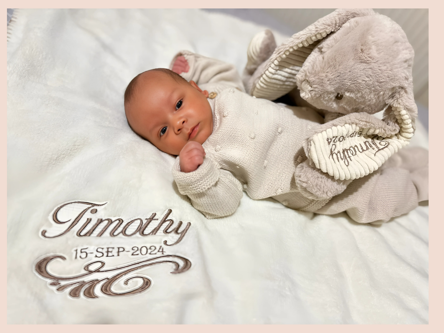 Personalised blanket and bunny rabbit soft toy with Timothy and date.