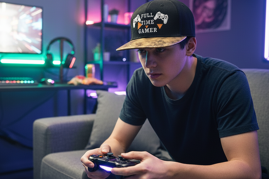 A young man wearing a black baseball cap with 'FULL TIME GAMER', sitting in a gaming room and holding a game controller.