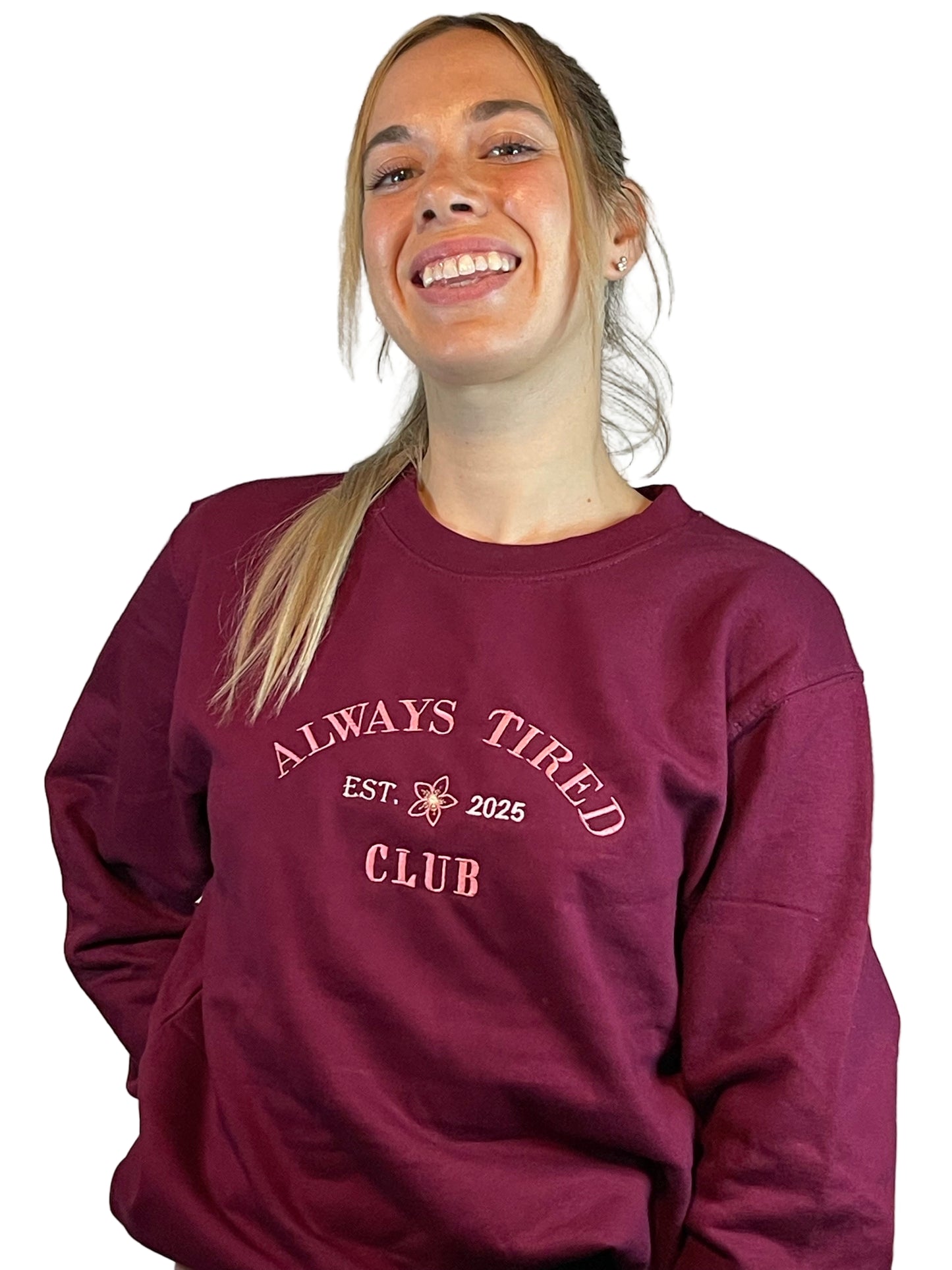 "Always tired Club" Embroidered Sweatshirt & T-Shirt | XS–XXL | Hot Chocolate and Burgundy