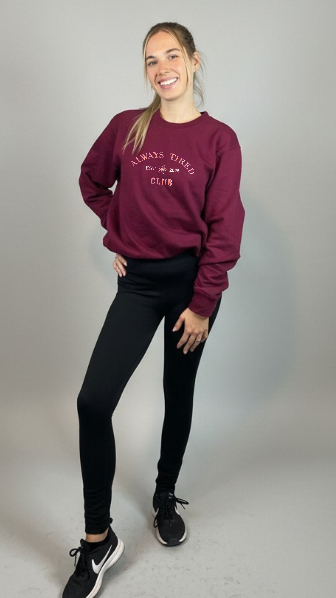 "Always tired Club" Embroidered Sweatshirt & T-Shirt | XS–XXL | Hot Chocolate and Burgundy