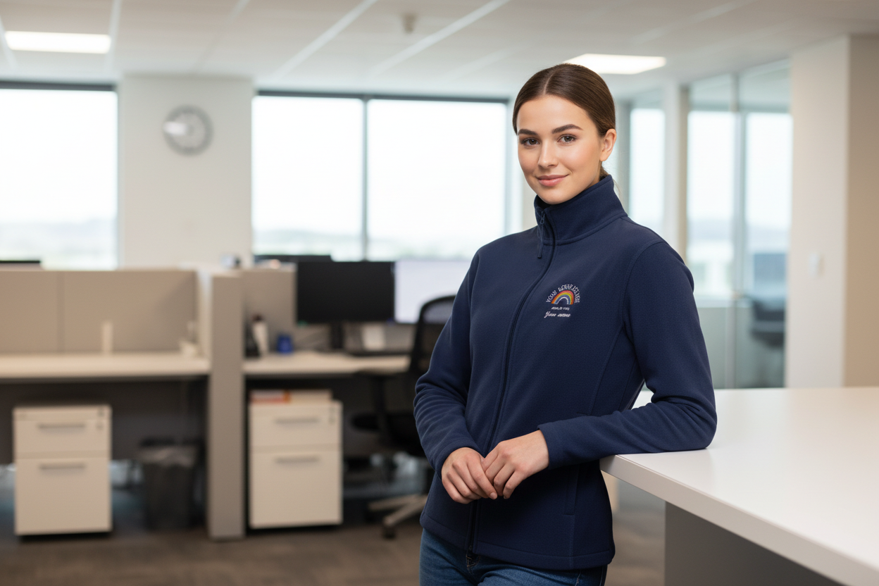 Navy blue jacket with rainbow design and customizable text 