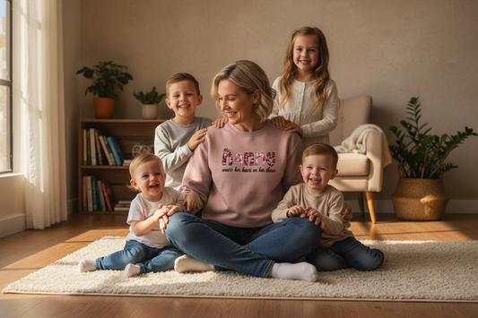 dusty pink sweatshirt with This nany wears her heart on her sleeve  designs on a living room