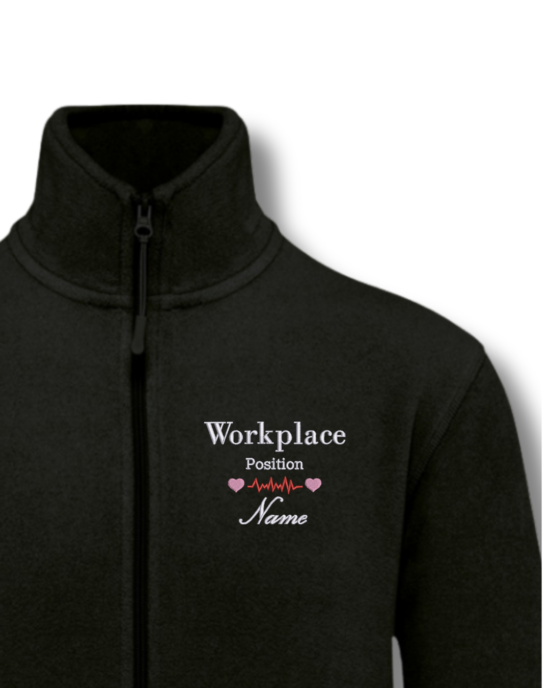 Black fleece jacket with embroidered text on a white background