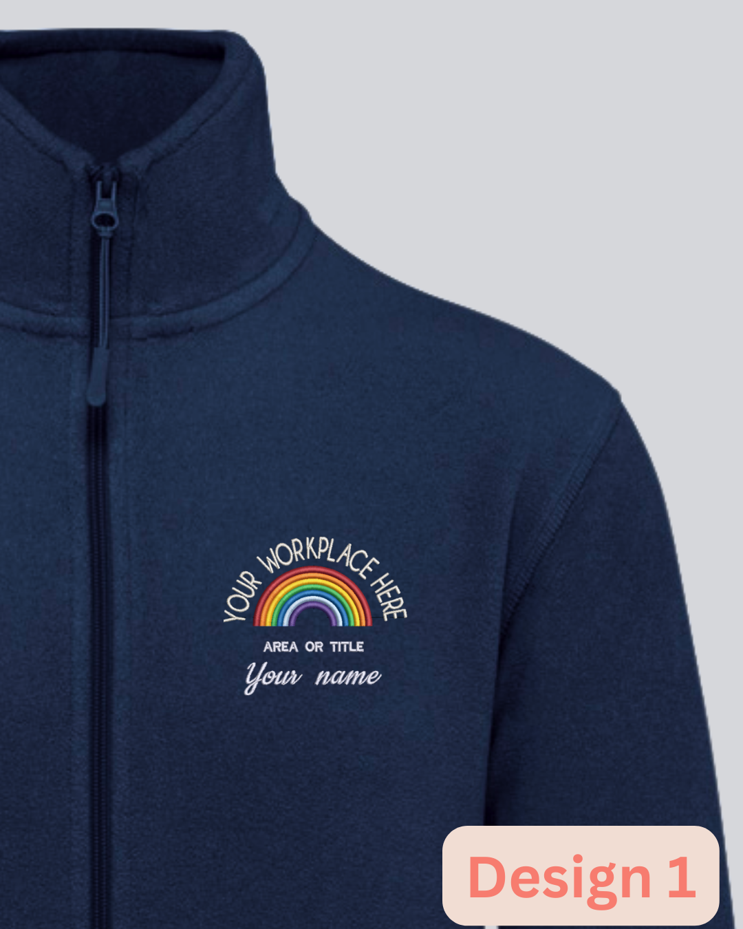 Navy blue jacket with rainbow design and customizable text on a gray background