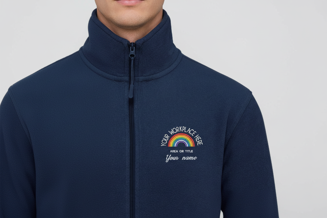 Navy blue jacket with embroidered rainbow design and text on a plain background