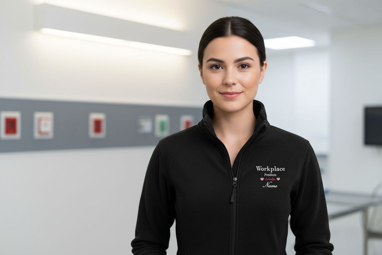 Black fleece jacket with embroidered text on a white background