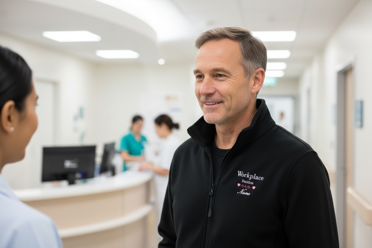 Man in a black jacket with 'Workplace' embroidery talking to a woman.