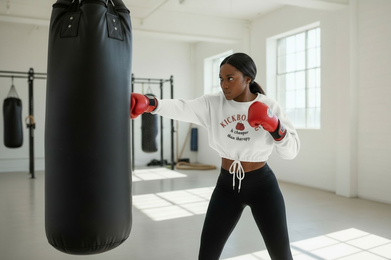 Woman wearing a white sweatshirt with 'Kickboxing is cheaper than therapy' text in a room with large windows.