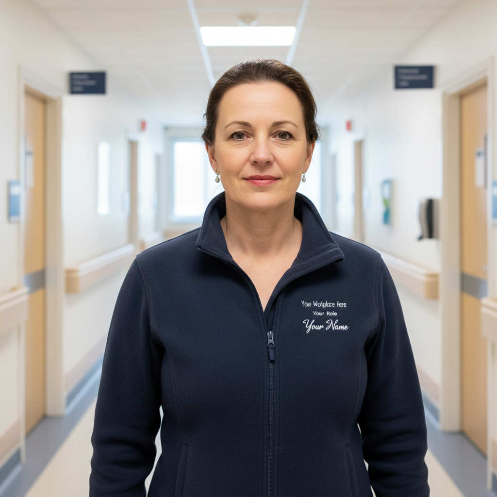 Woman wearing a navy blue jacket with customisable text 