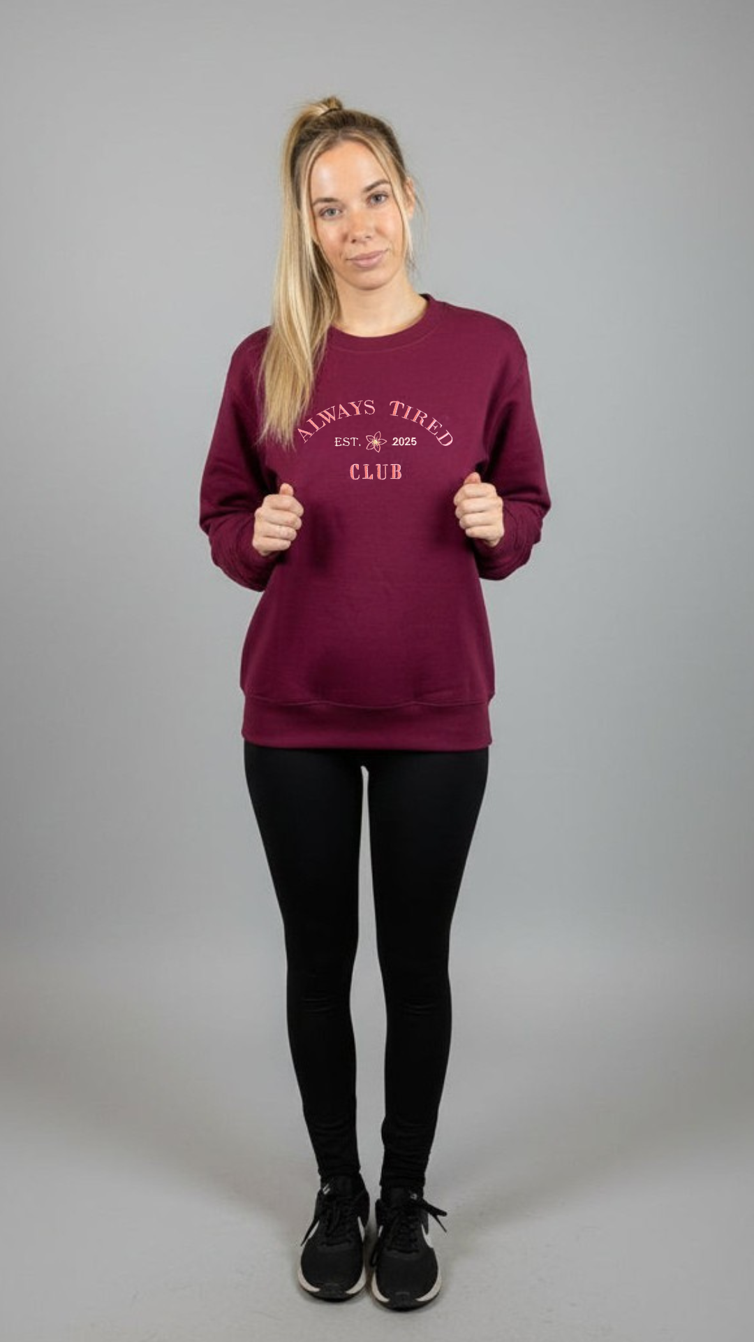 "Always tired Club" Embroidered Sweatshirt & T-Shirt | XS–XXL | Hot Chocolate and Burgundy