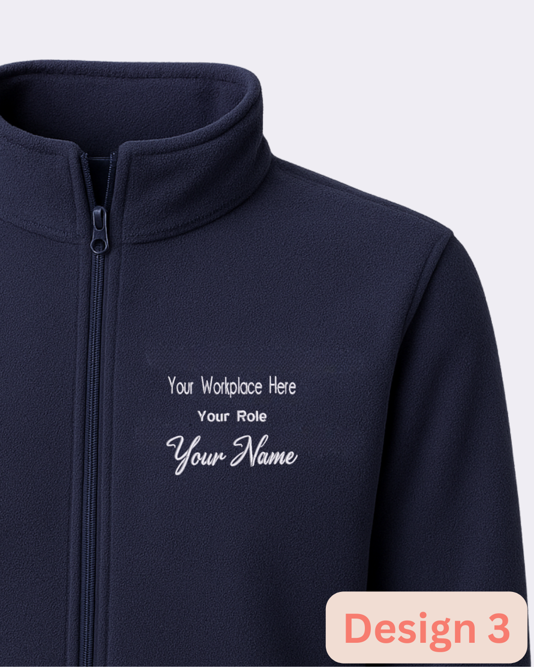 Navy blue jacket with customizable text on a light gray background