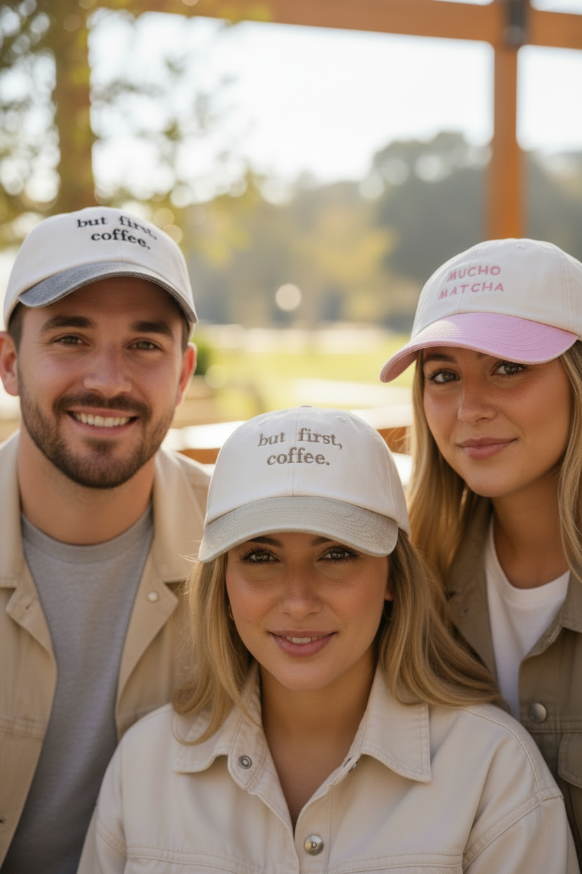 Three people outdoors wearing white baseball caps with text. The cap in the centre and to the left read 'but first, coffee. The one to the right says "MUCHO MATCHA"