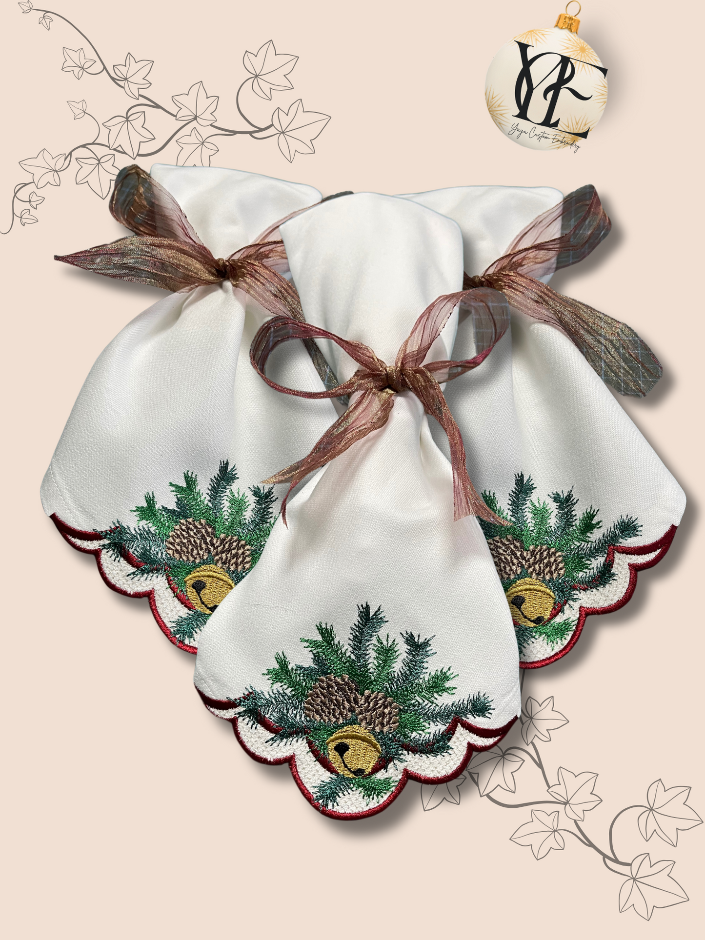 Scalloped Edge Christmas Napkins, Pine Cone & Bell Design