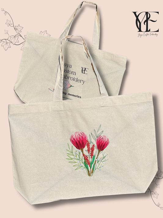 Embroidered Tote Bag with Protea, Berries and Willow Leaves | Oversized Cotton Tote