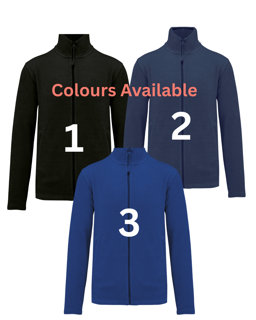 Three fleece jackets in black, blue, and navy with 'Colours Available' text and numbers.