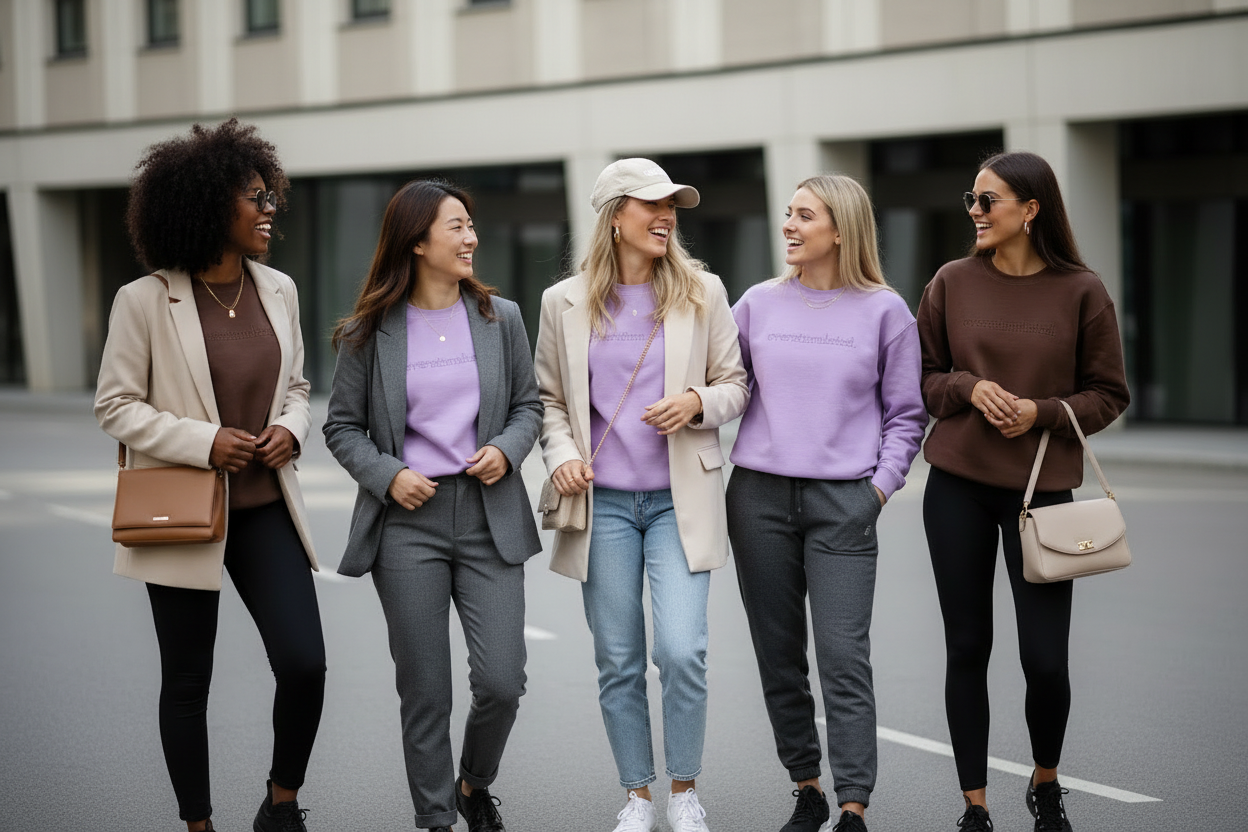 Group of young ladies on the street. They all wear the "overstimulated" top in lavender or hot chocolate colour.