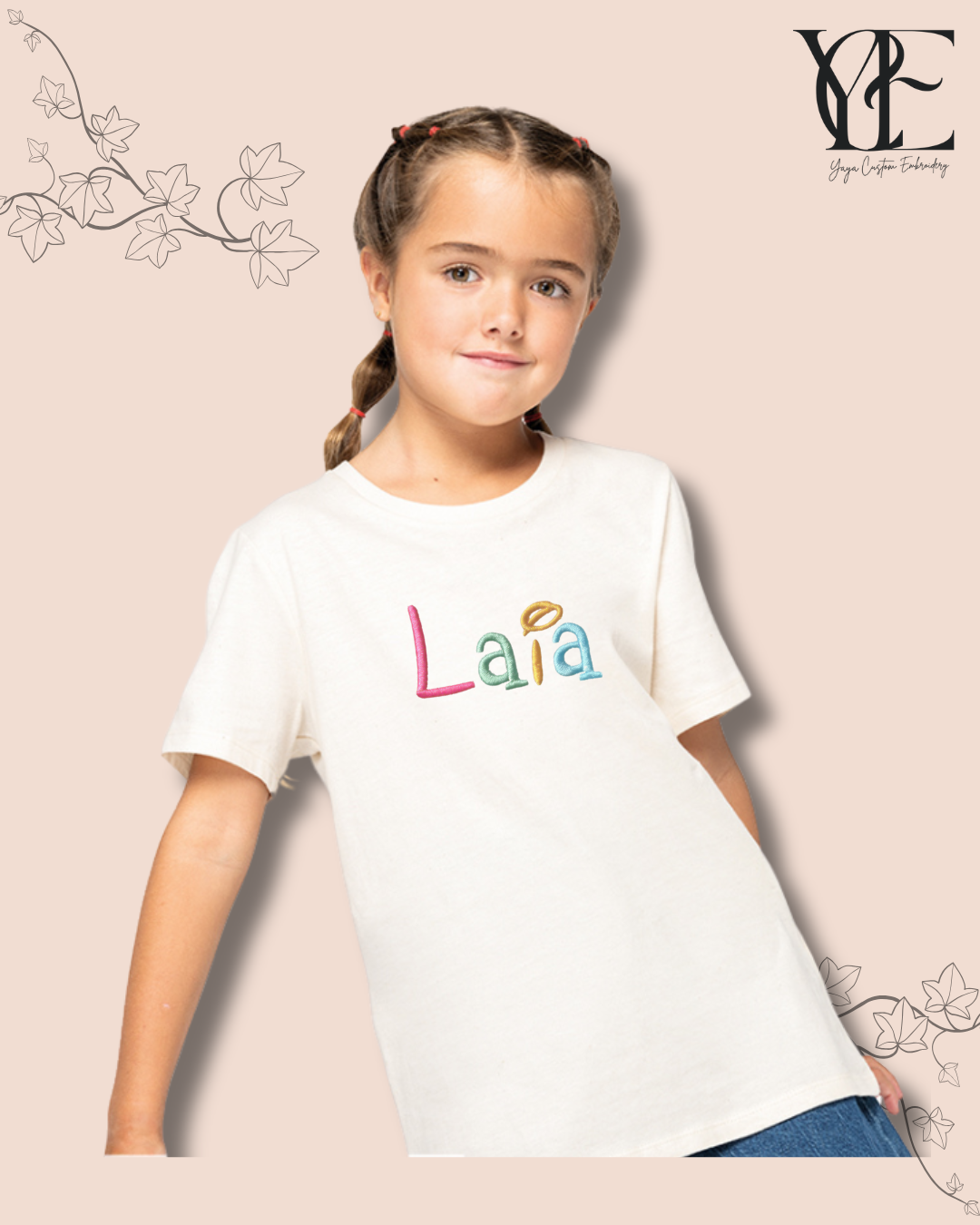 Personalised Embroidered Kids' T-Shirt – Organic Cotton, Fun Multicolour Letters (Sizes 1–12)