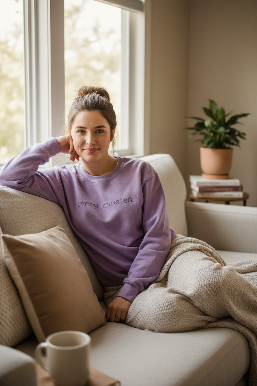 Ladie wearing a Lavender sweatshirt with 'overstimulated' text while sitting on a sofa