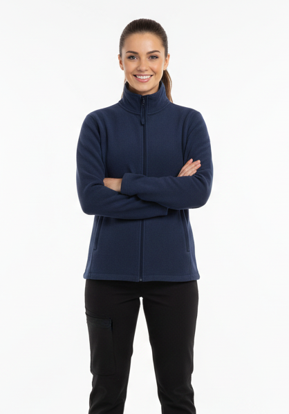Woman wearing a navy blue fleece jacket with black pants on a white background