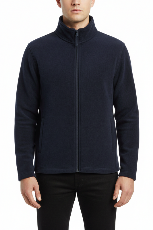 Man wearing a navy blue fleece jacket on a white background