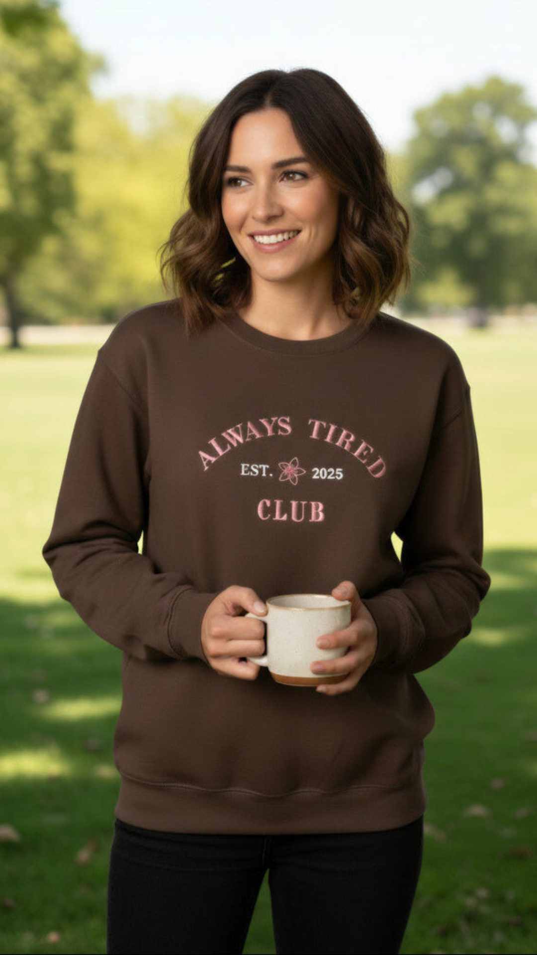"Always tired Club" Embroidered Sweatshirt & T-Shirt | XS–XXL | Hot Chocolate and Burgundy