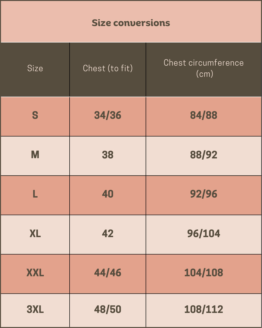 Size conversion chart for chest measurements in centimeters and inches.