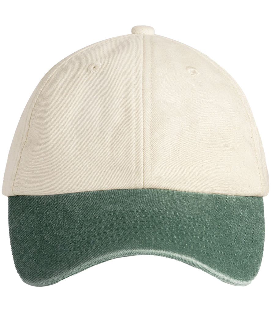 Two-tone cap with beige top and green brim on a white background